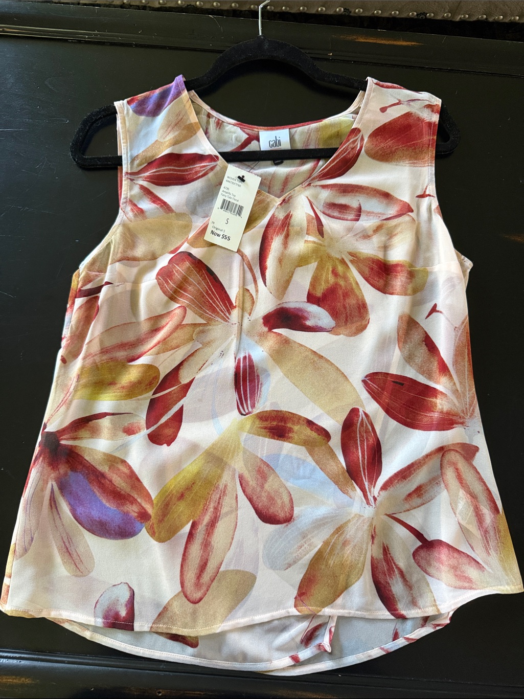 Cabi Floral Print Sleeveless Shell Top - Red, Tan & Cream
